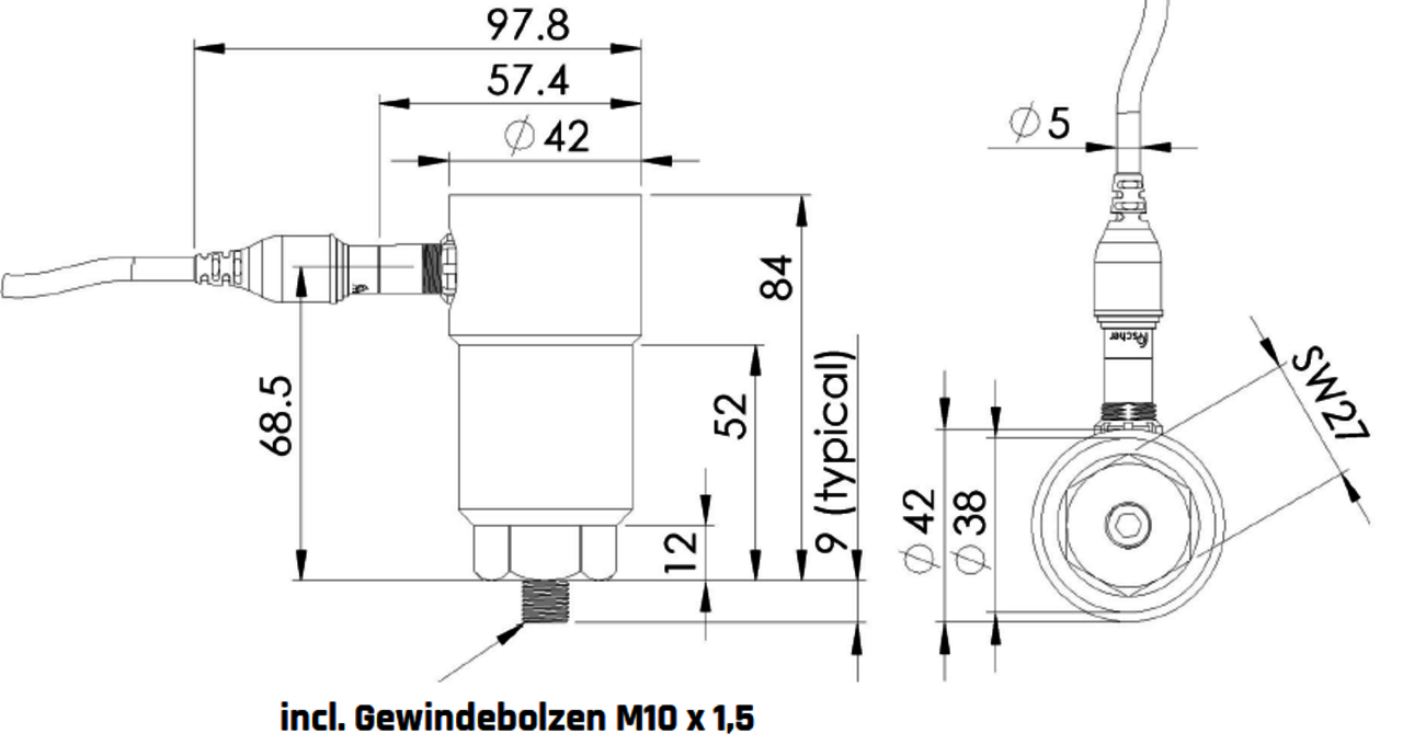 Zeichnung LVS elektrodynamischer Schwinggeschwindigkeitssensor mit Steckanschluss