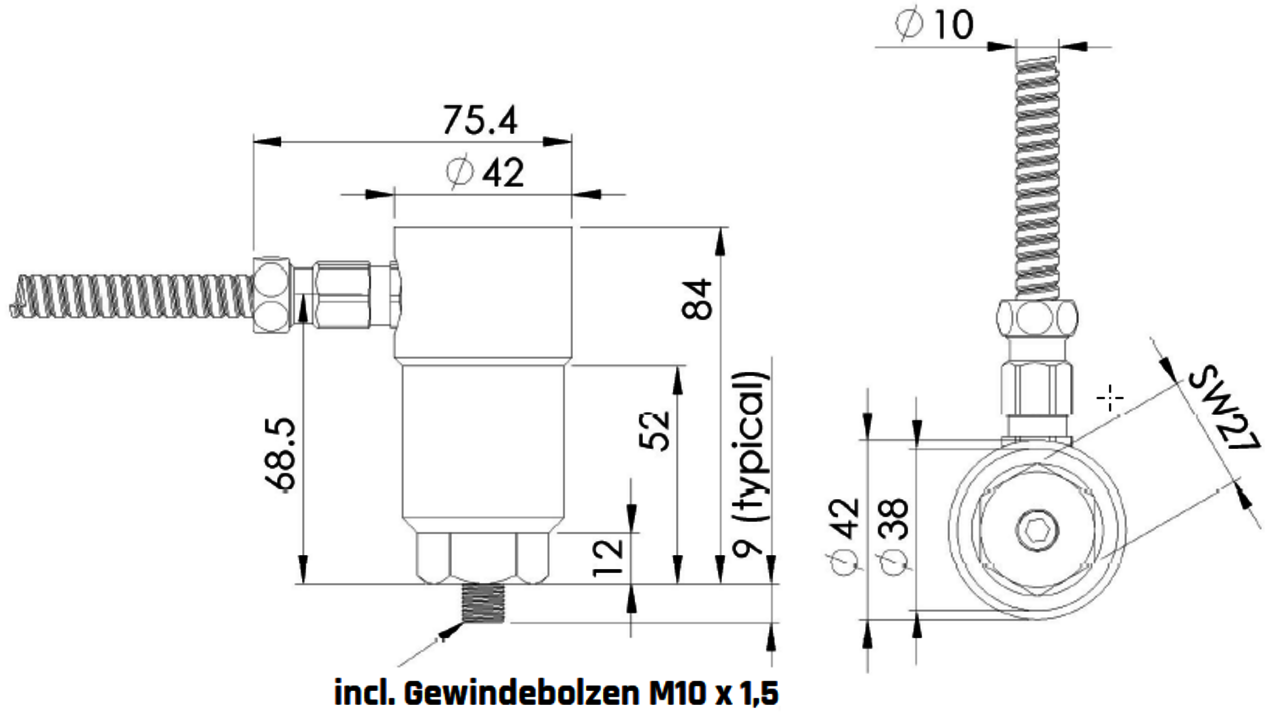 Zeichnung LVS elektrodynamischer Schwinggeschwindigkeitsensor mit fest eingegossenem Kabelanschluss