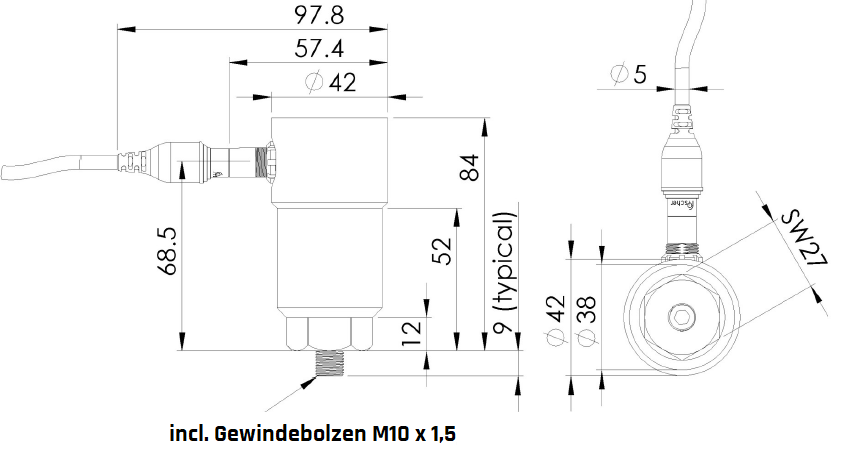 Zeichnung LVS elektrodynamischer Schwinggeschwindigkeitssensor mit Steckanschluss